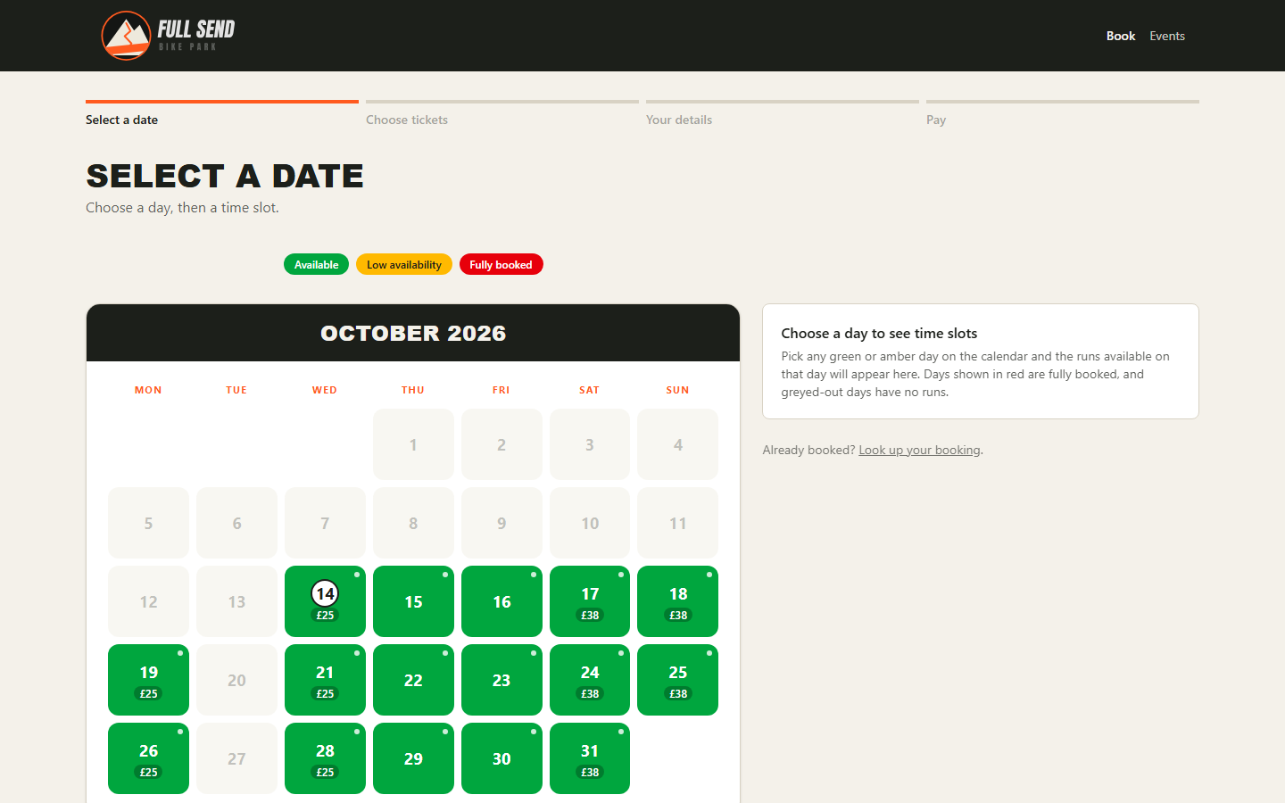 The Full Send Bike Park booking site, showing the date picker